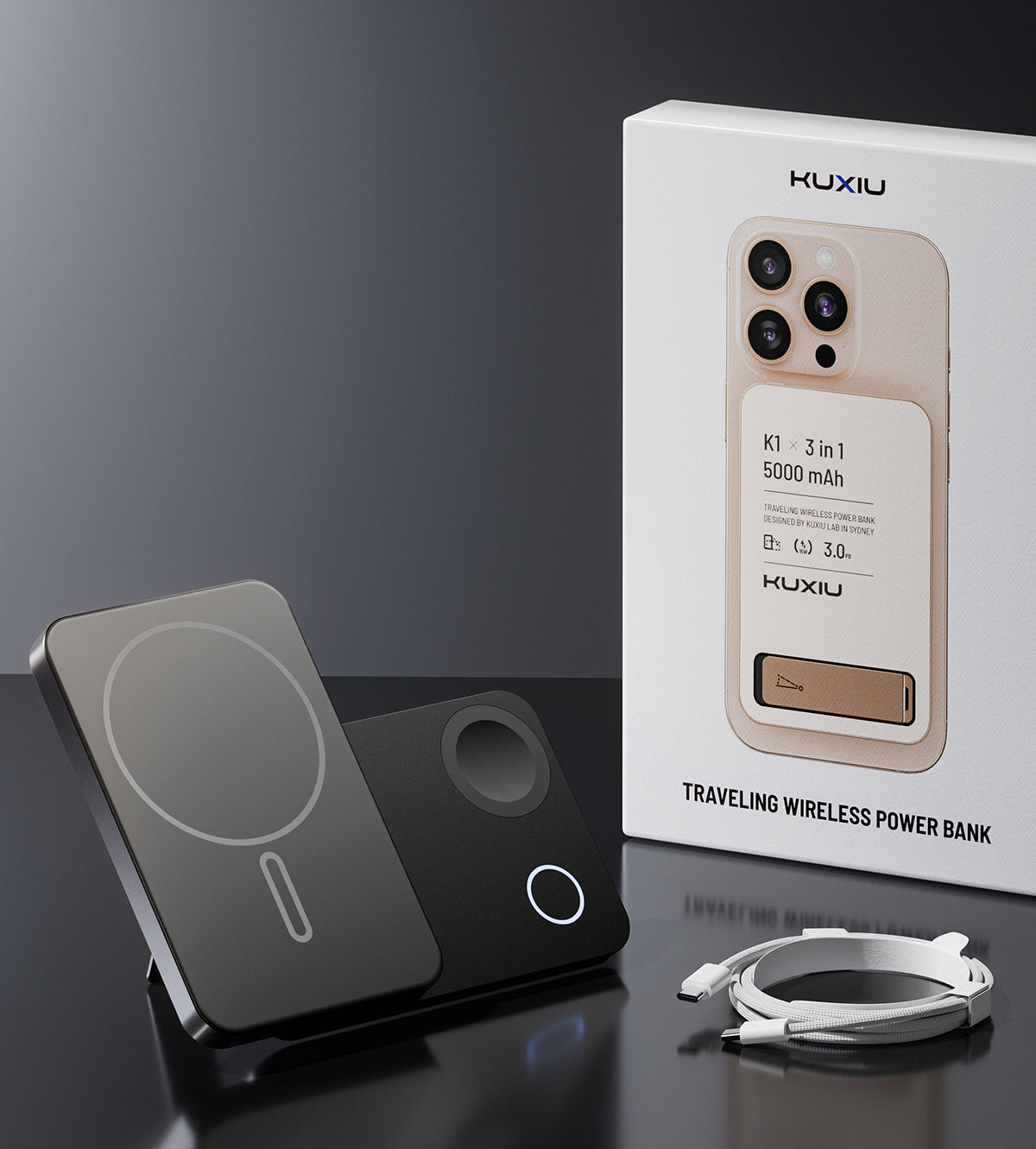 KUXIU K1 15W 快速充電 3合1 MagSafe 行動電源 - 黑色