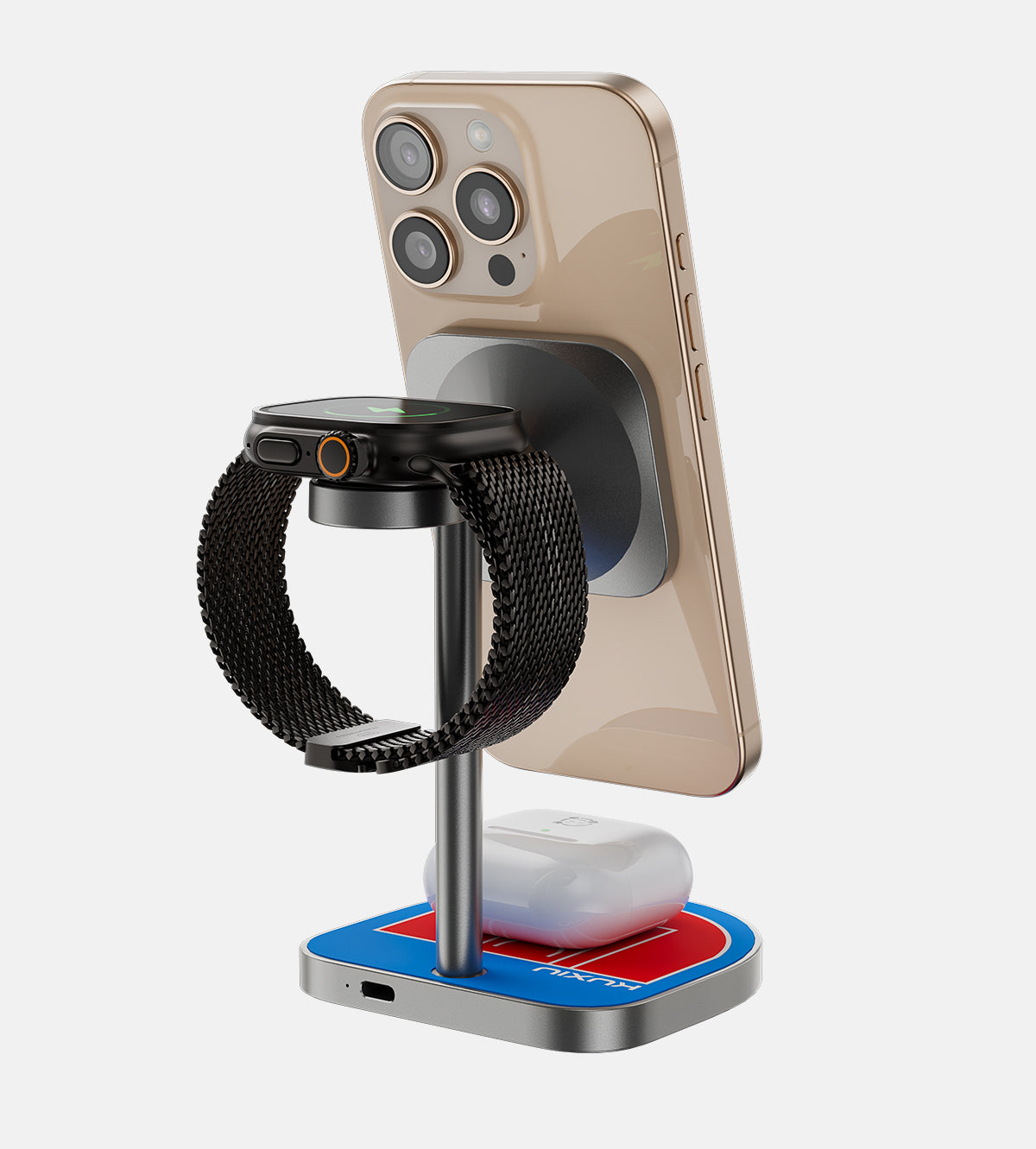 KUXIU 3-Point Power Kreativer 3-in-1 MagSafe-Ladeständer – Rot & Blau