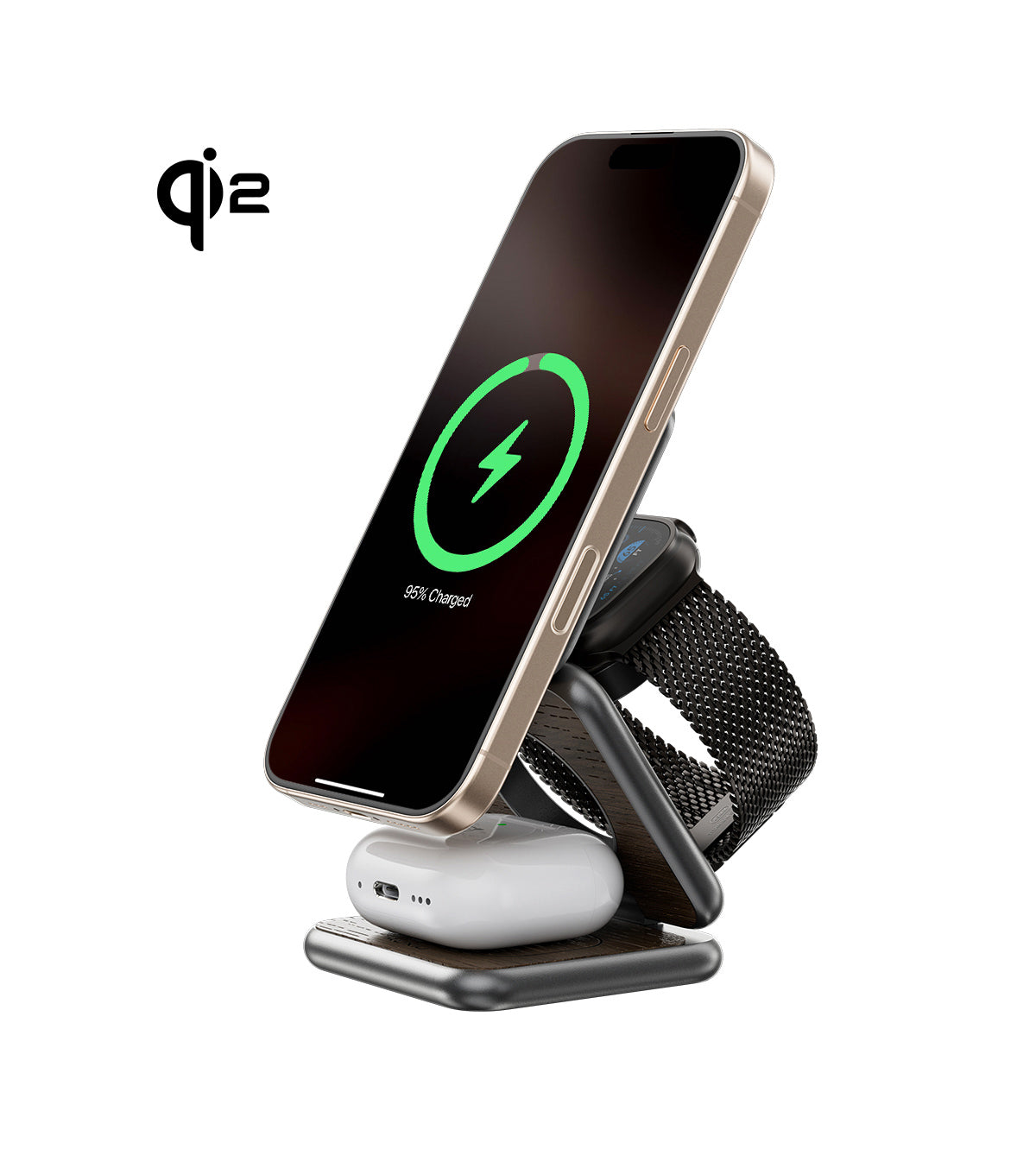 KUXIU X40Q Qi2 Certified 3-in-1 MagSafe Foldable Charging Stand - Wood Grain