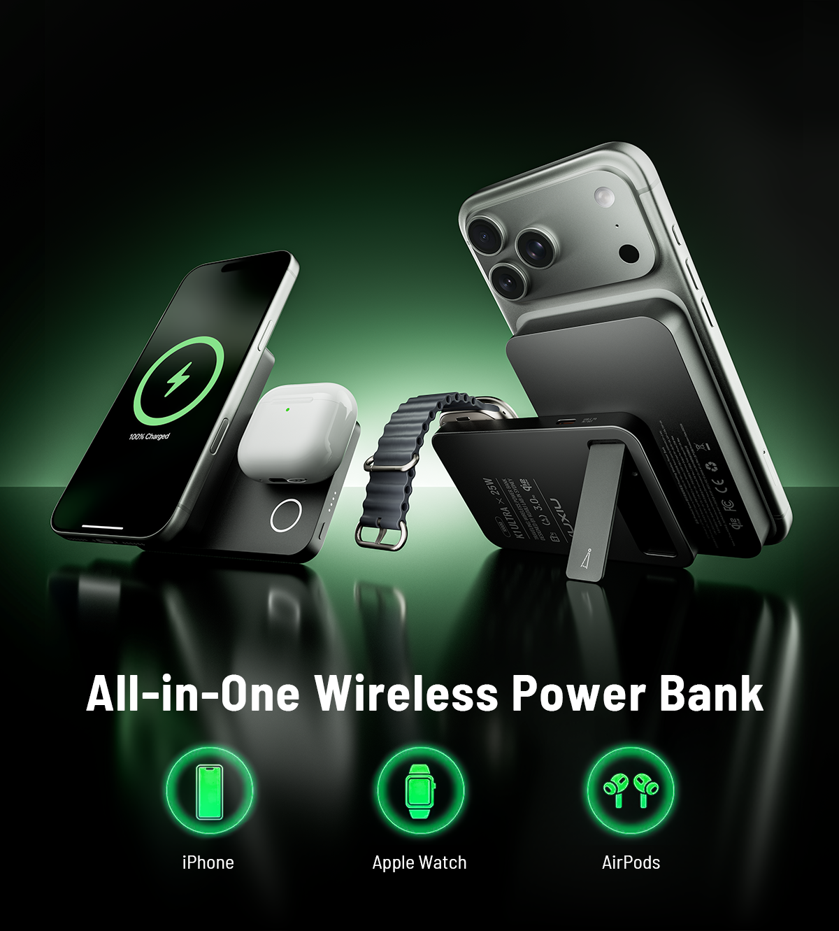 KUXIU K1 Ultra 10000mAh 25W Pengecasan Pantas 3-dalam-1 MagSafe Tanpa Wayar Bank Kuasa - Hitam