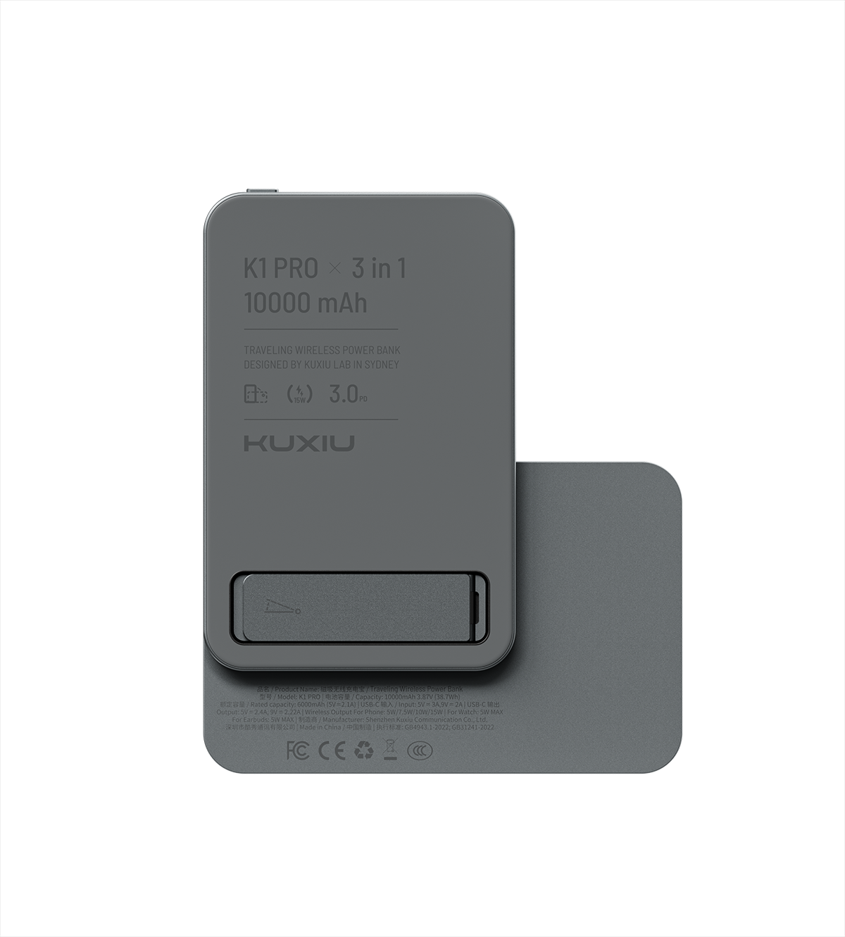 KUXIU K1 15W Fast Charging 3-in-1 MagSafe Wireless Power Bank - 10000mAh · Gray