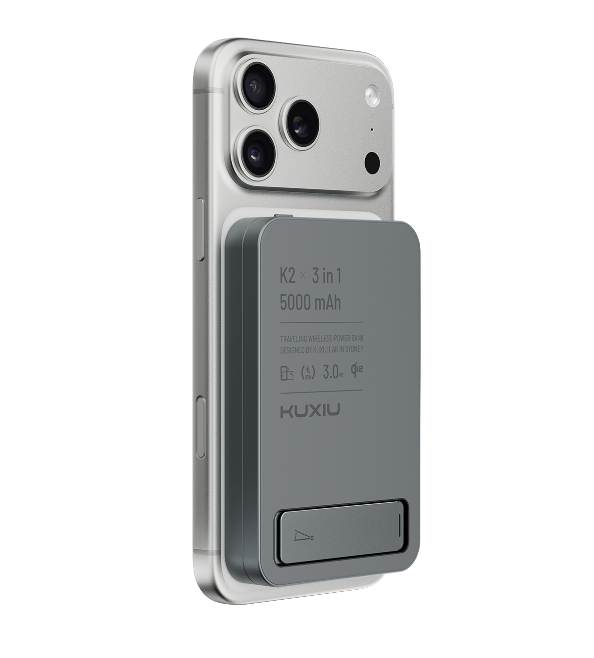 KUXIU K2 Power Bank 3-en-1 MagSafe con carga rápida Qi2 de 15W - Gris