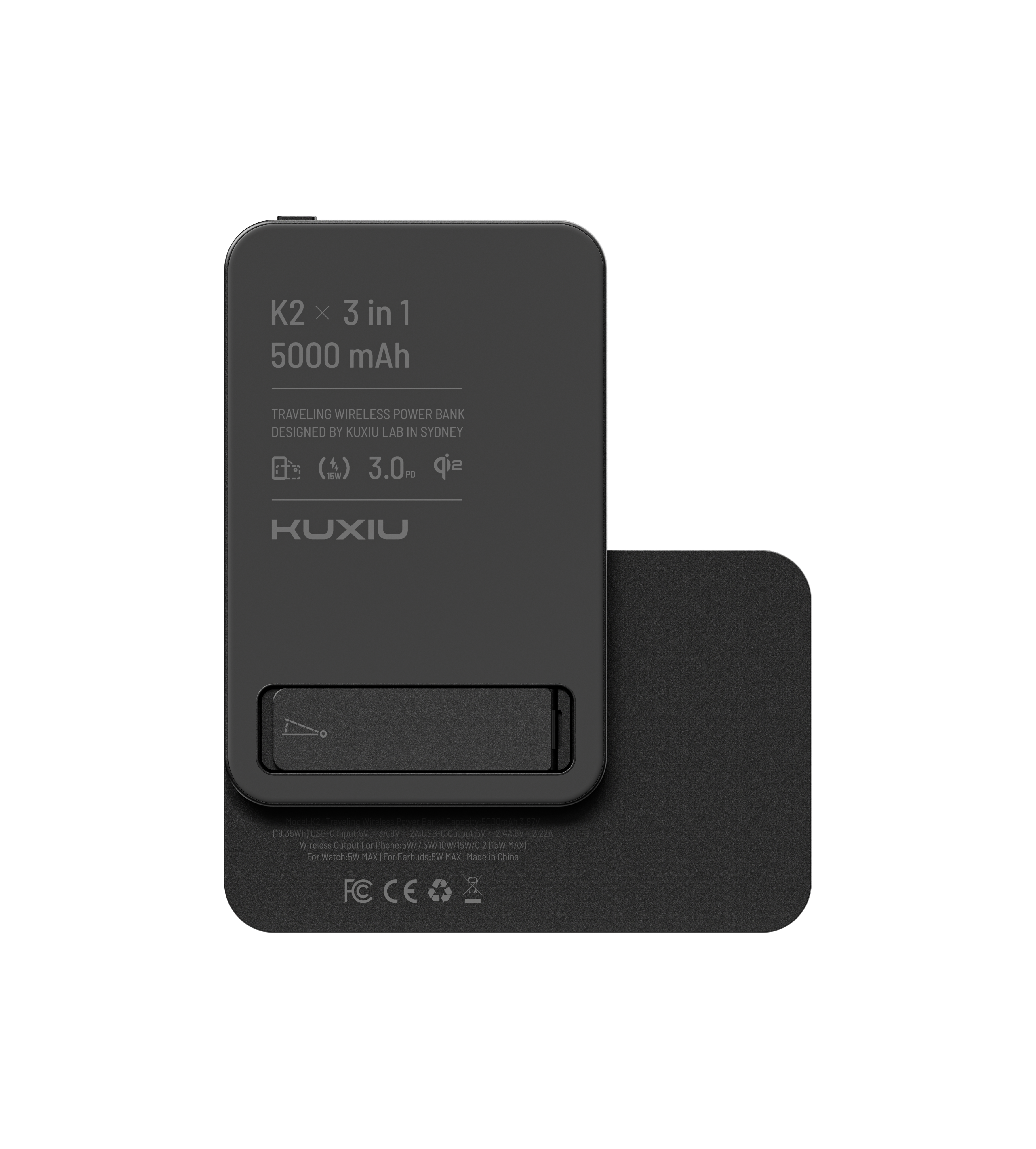 KUXIU K2 Qi2 15W Fast Charging 3-in-1 MagSafe Power Bank - Black
