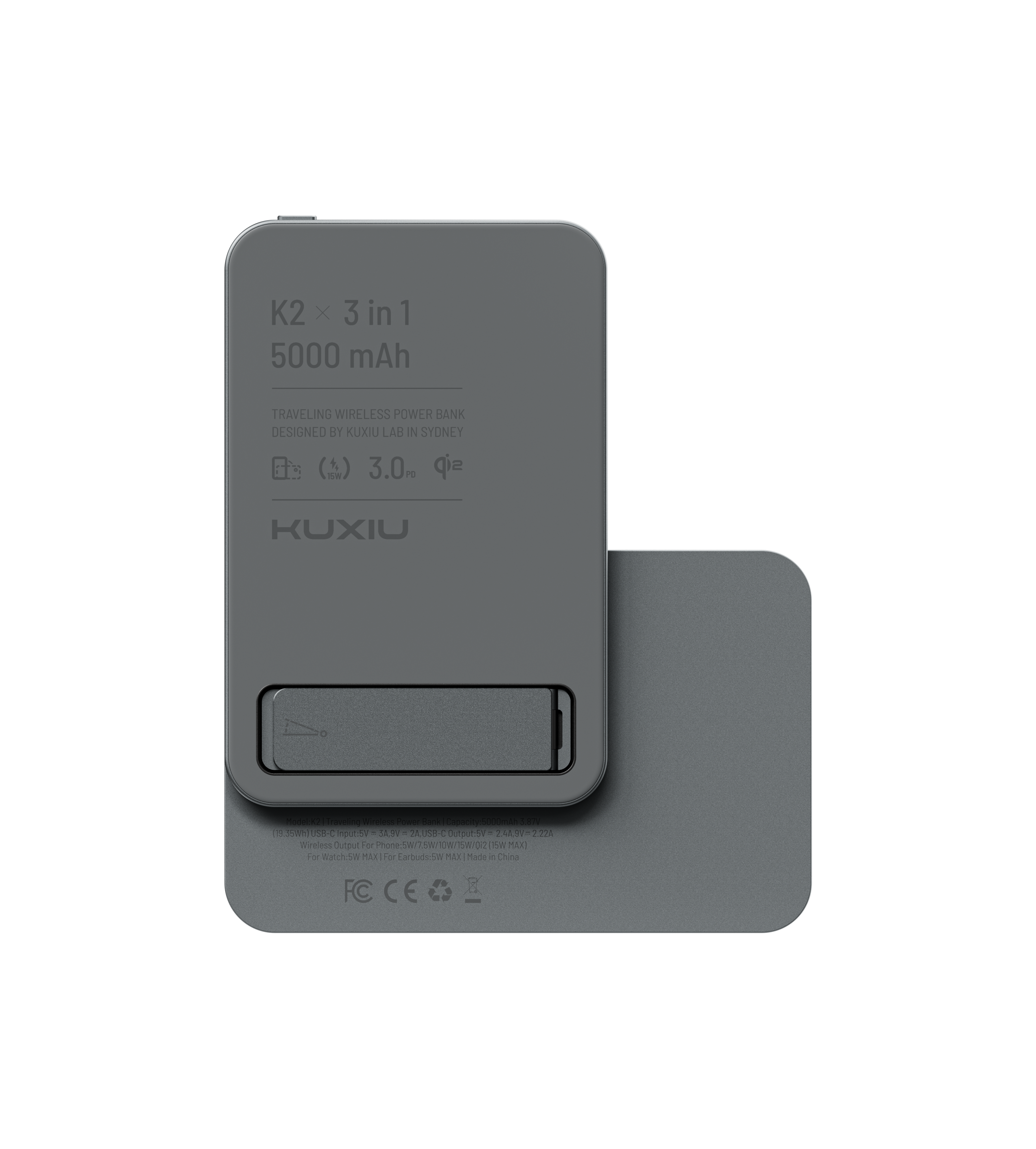 KUXIU K2 Power Bank MagSafe 3-in-1 con ricarica rapida Qi2 da 15W - Grigio