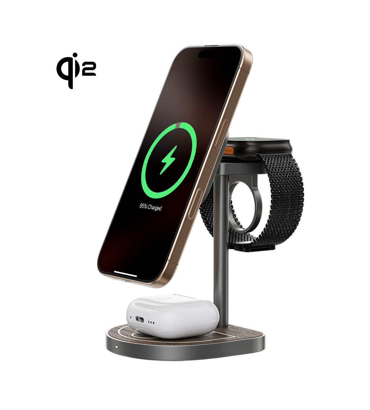 KUXIU Qi2 3-Point Power 크리에이티브 3-in-1 MagSafe 충전 거치대 - 나뭇결
