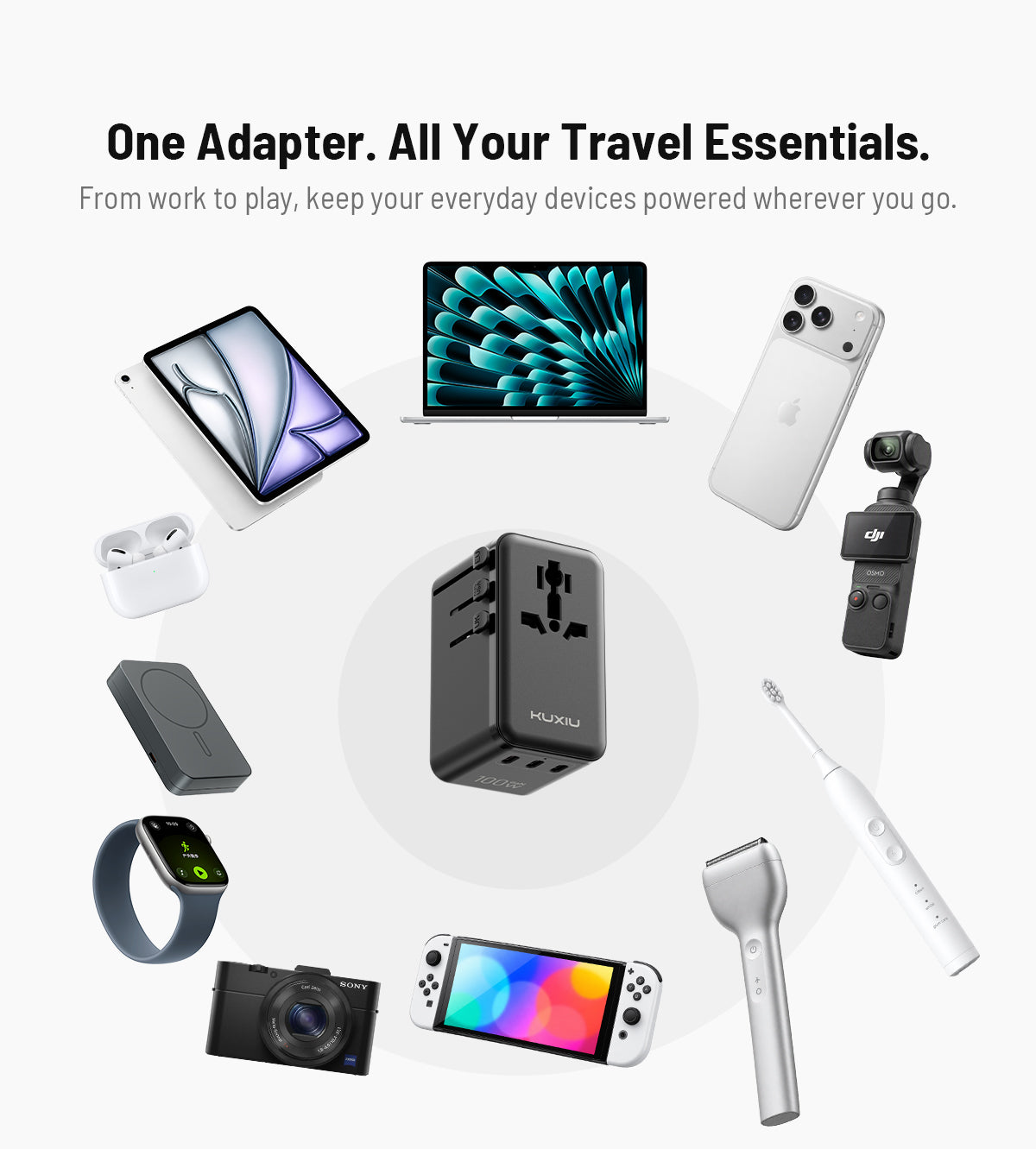 KUXIU 100W Universal Travel Adapter with Built-in Retractable Cable