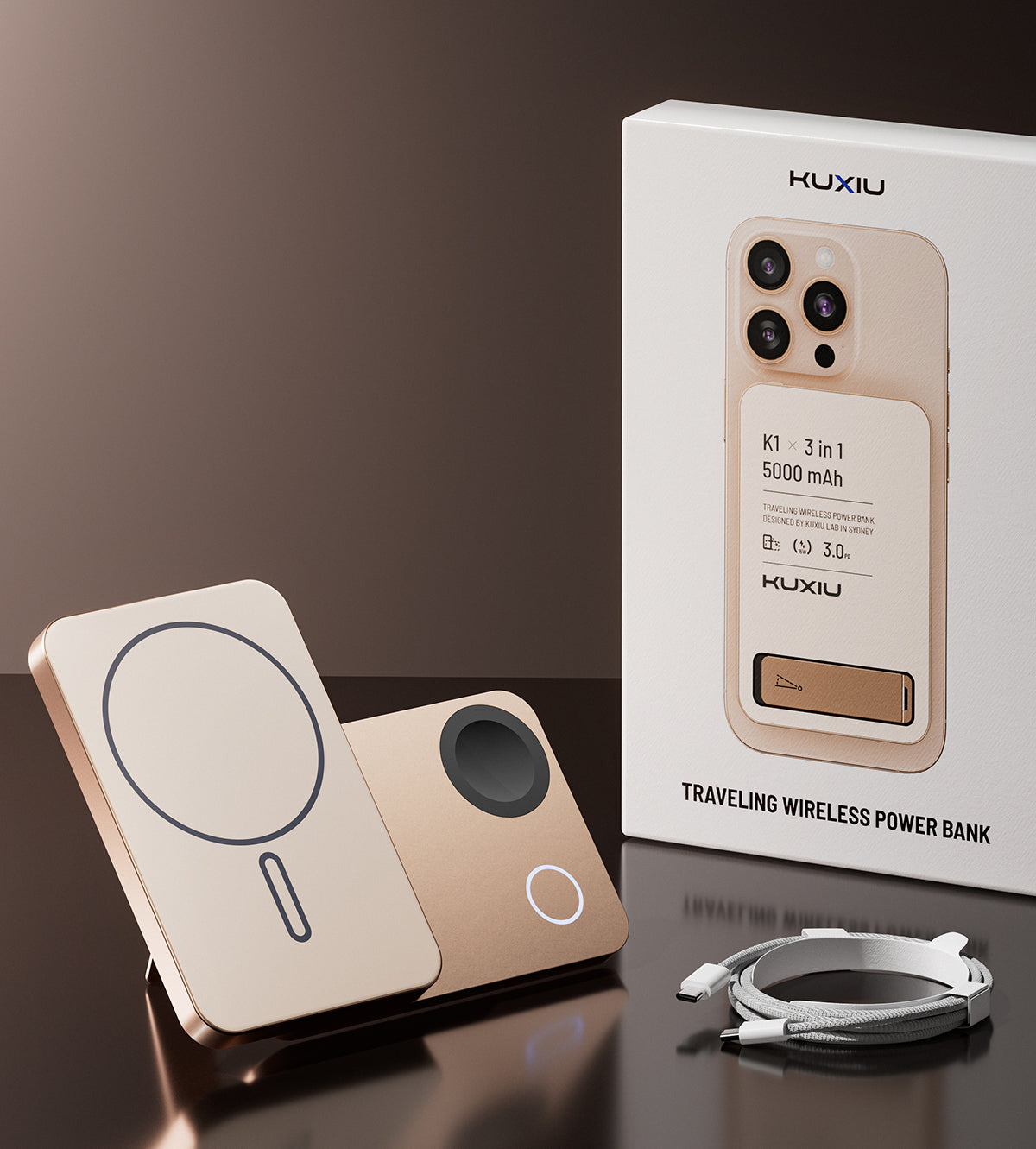 KUXIU K1 15W Fast Charging 3-in-1 MagSafe Wireless Power Bank - 5000mAh - Desert Titanium