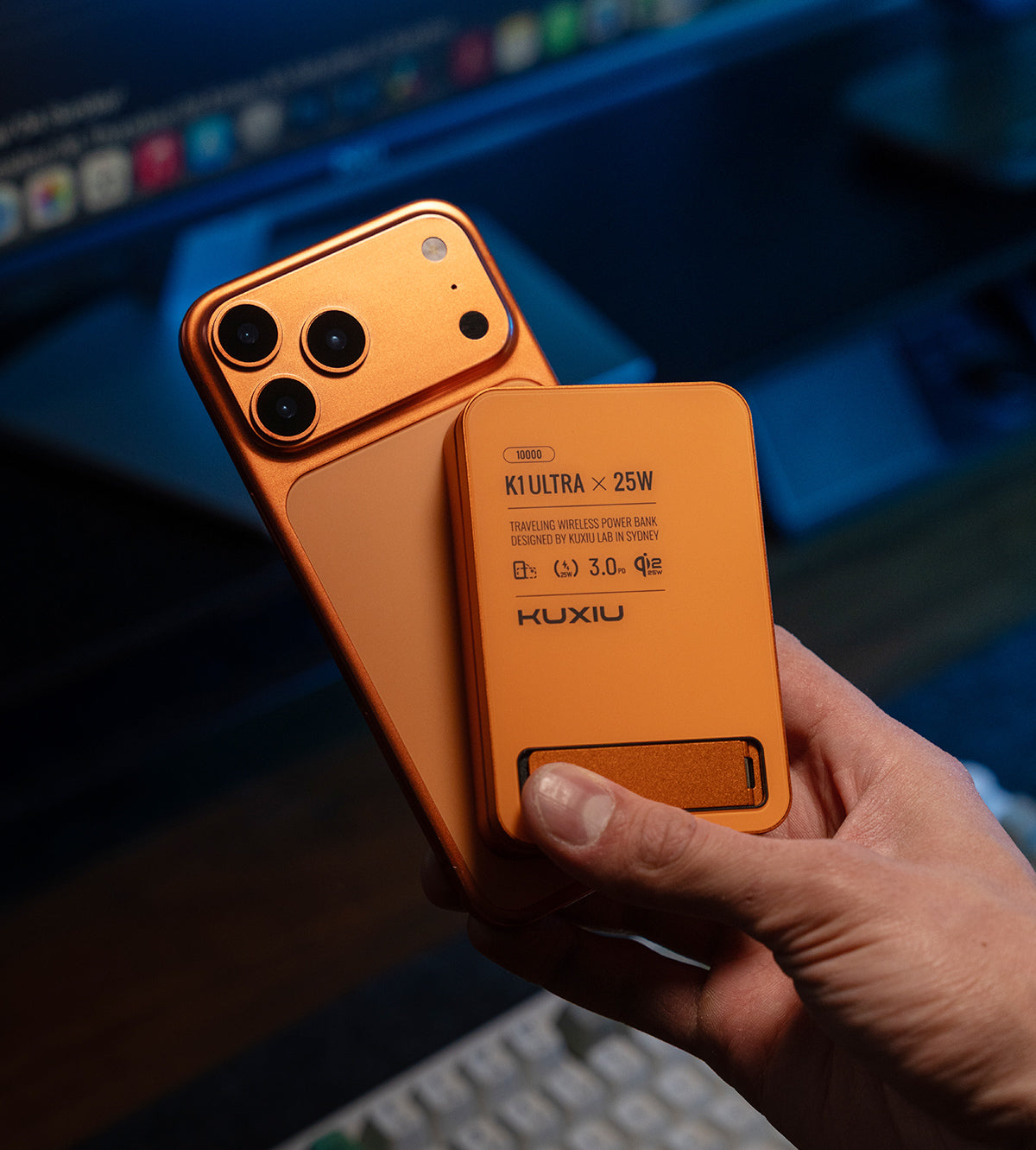 KUXIU K1 Ultra 10000mAh 25W 快速充電 3合1 MagSafe 無線行動電源 - 宇宙橙