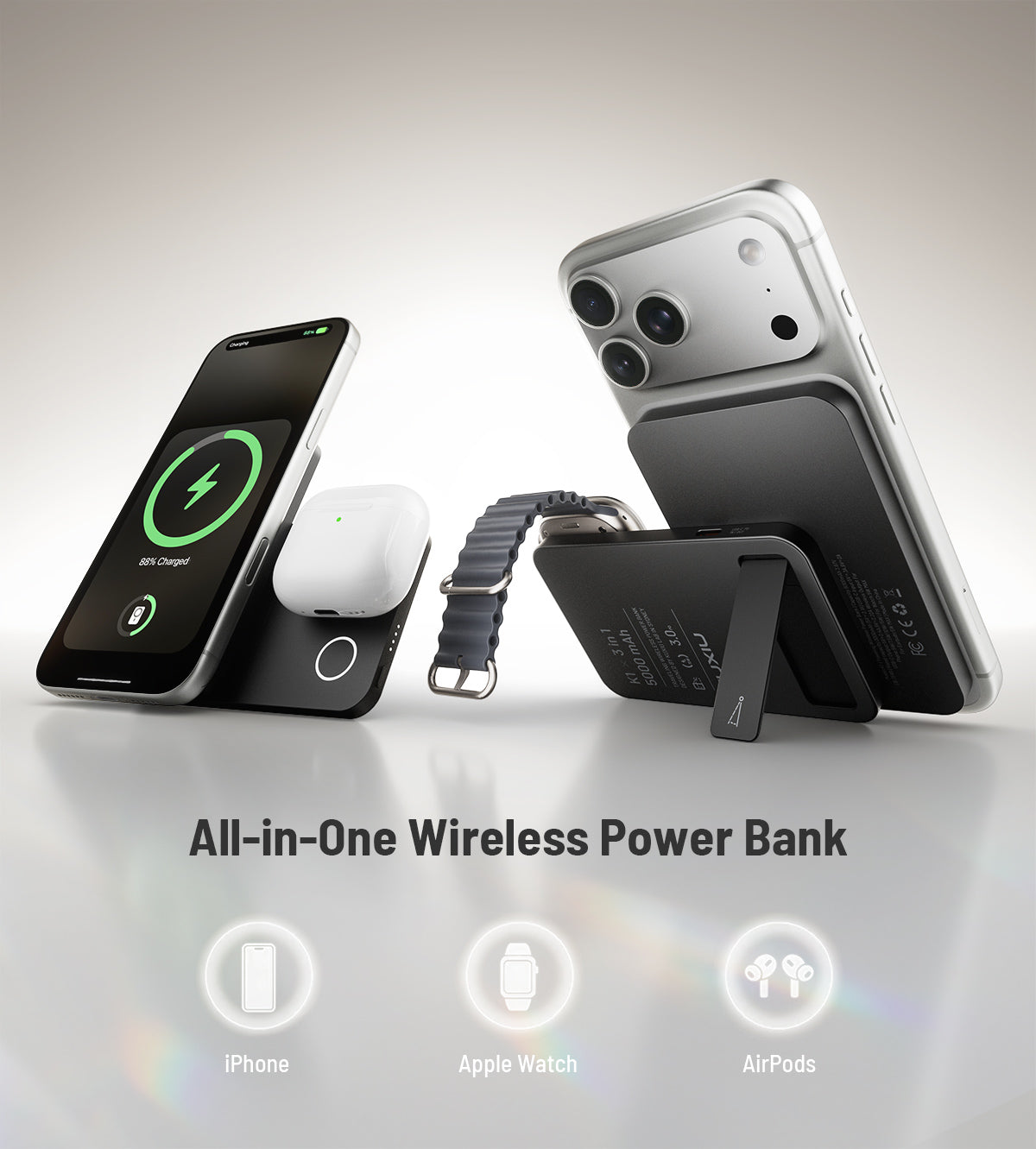 KUXIU K1 15W Fast Charging 3-in-1 MagSafe Wireless Power Bank - Black