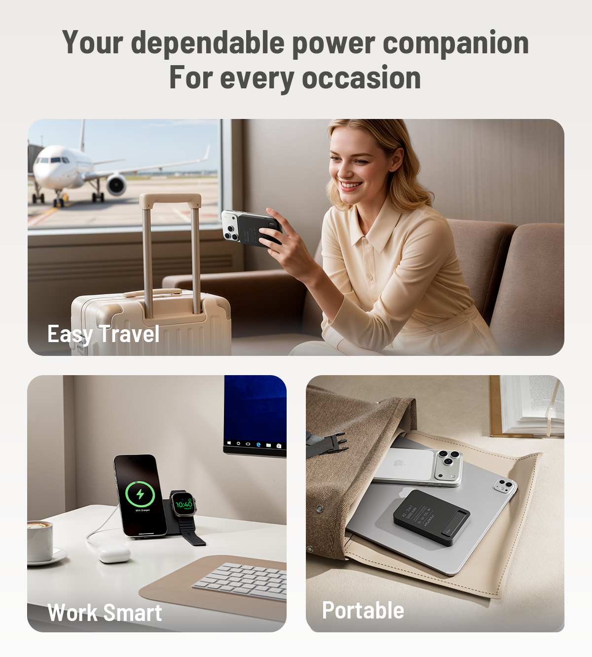 KUXIU K2 Qi2 15W Fast Charging 3-in-1 MagSafe Power Bank - Black