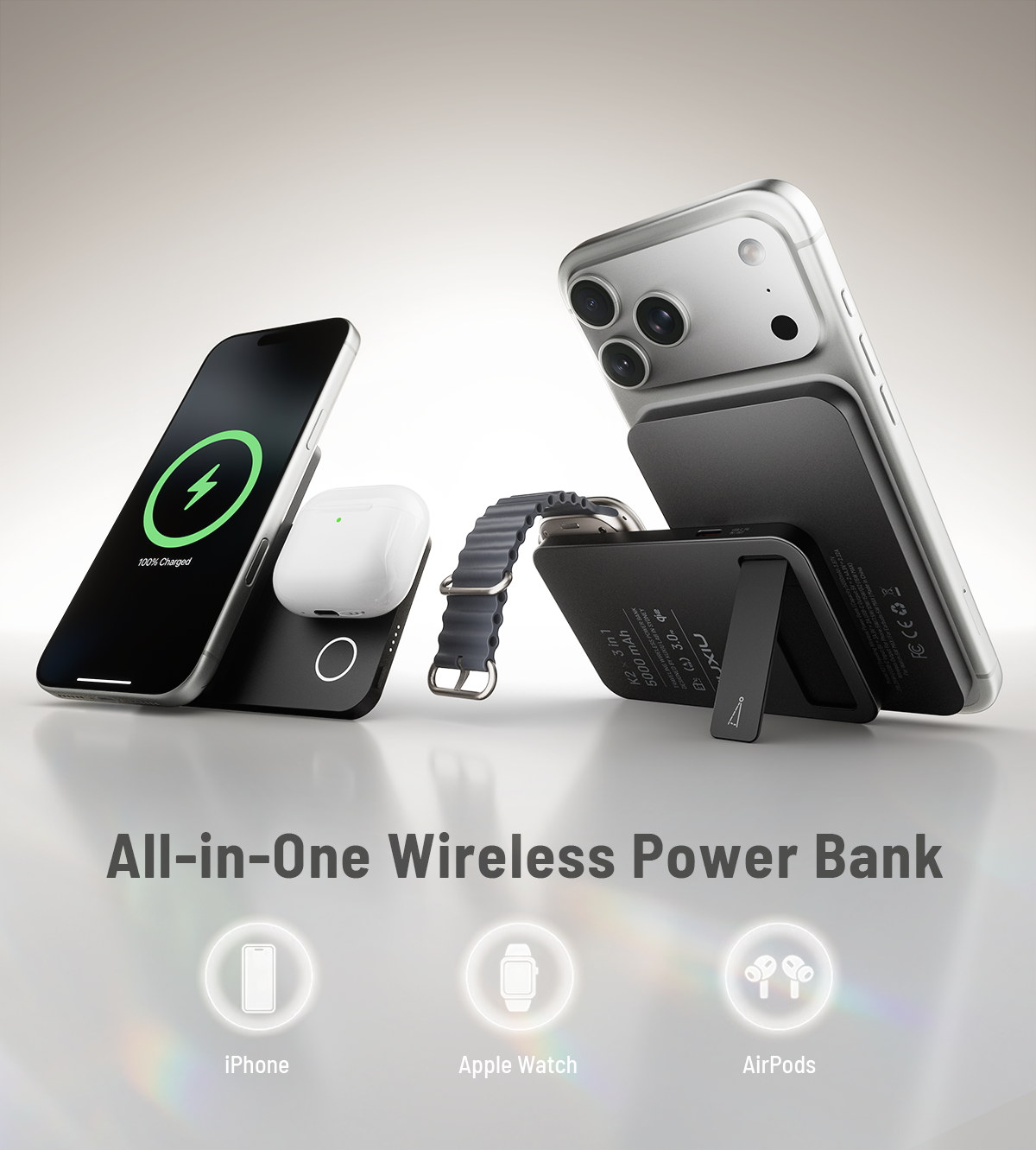 KUXIU K2 Qi2 15W Fast Charging 3-in-1 MagSafe Power Bank - Black