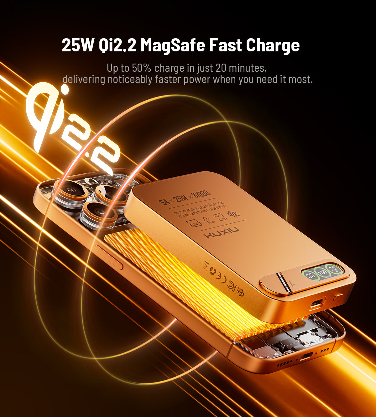 KUXIU S4 Qi2.2 25W Batterie externe sans fil sécurisée semi-solide en alliage d’aluminium 10000mAh — Orange Cosmique