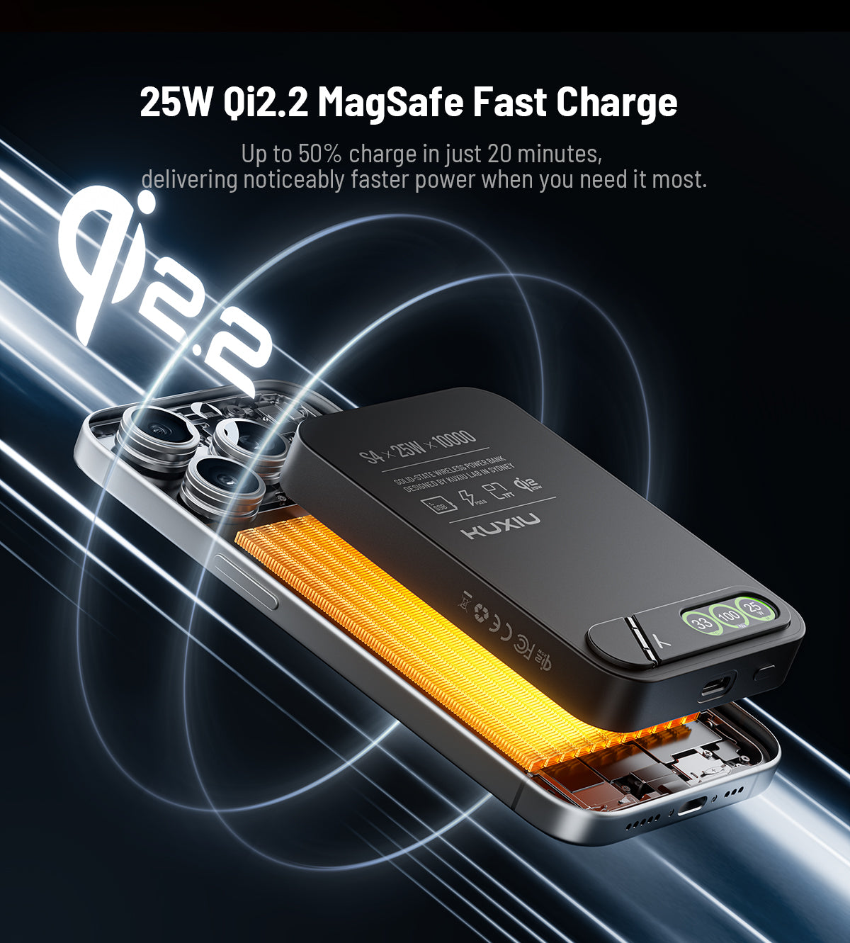 KUXIU S4 Qi2.2 25W Batterie externe sans fil sécurisée semi-solide en alliage d’aluminium 10000mAh — Noir