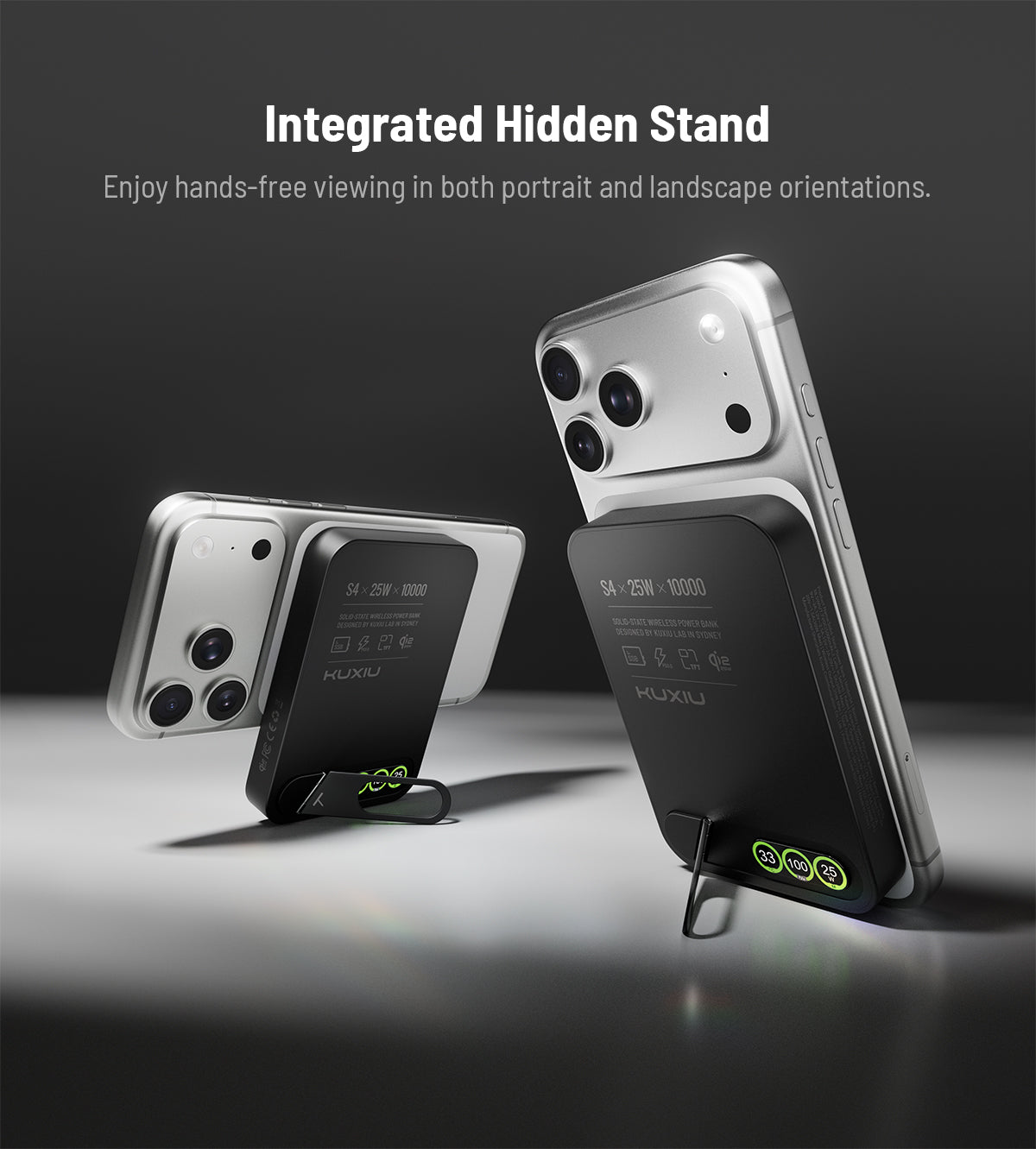 KUXIU S4 Qi2.2 25W Power Bank Wireless Sicuro Semi-Solido in Lega di Alluminio da 10000mAh — Nero