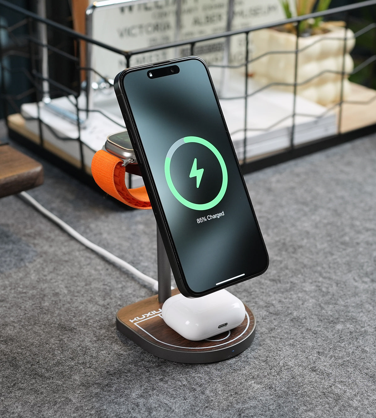 KUXIU Qi2 3-Point Power 크리에이티브 3-in-1 MagSafe 충전 거치대 - 나뭇결
