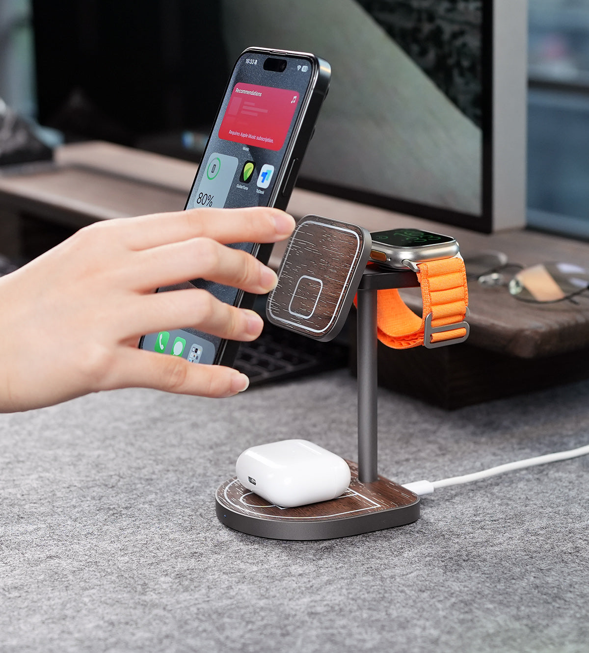 KUXIU Qi2 3-Point Power 크리에이티브 3-in-1 MagSafe 충전 거치대 - 나뭇결