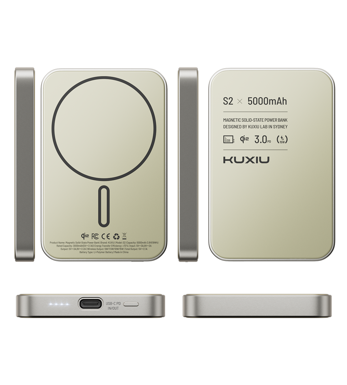 KUXIU S2 Qi2 5000mAh MagSafe 固態行動電源 - 自然鈦