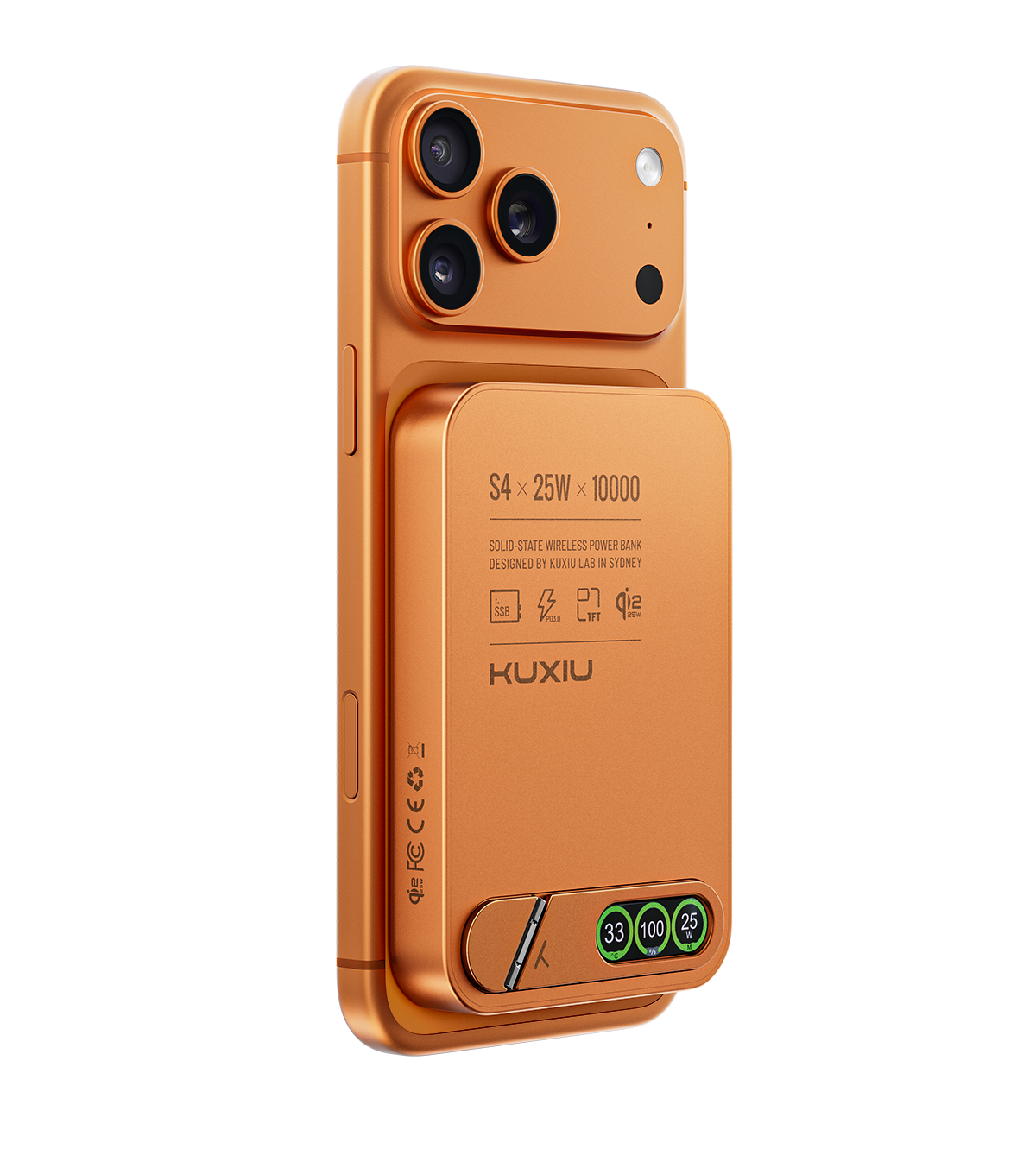 KUXIU S4 Qi2.2 25W Batterie externe sans fil sécurisée semi-solide en alliage d’aluminium 10000mAh — Orange Cosmique