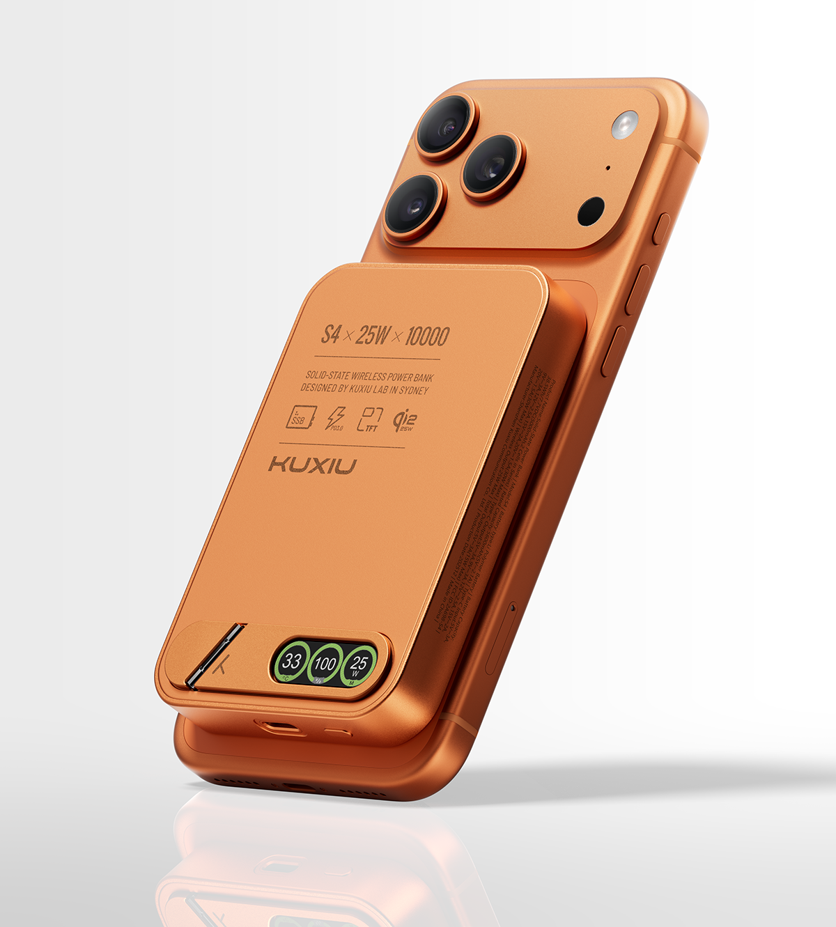 KUXIU S4 Qi2.2 25W Batterie externe sans fil sécurisée semi-solide en alliage d’aluminium 10000mAh — Orange Cosmique