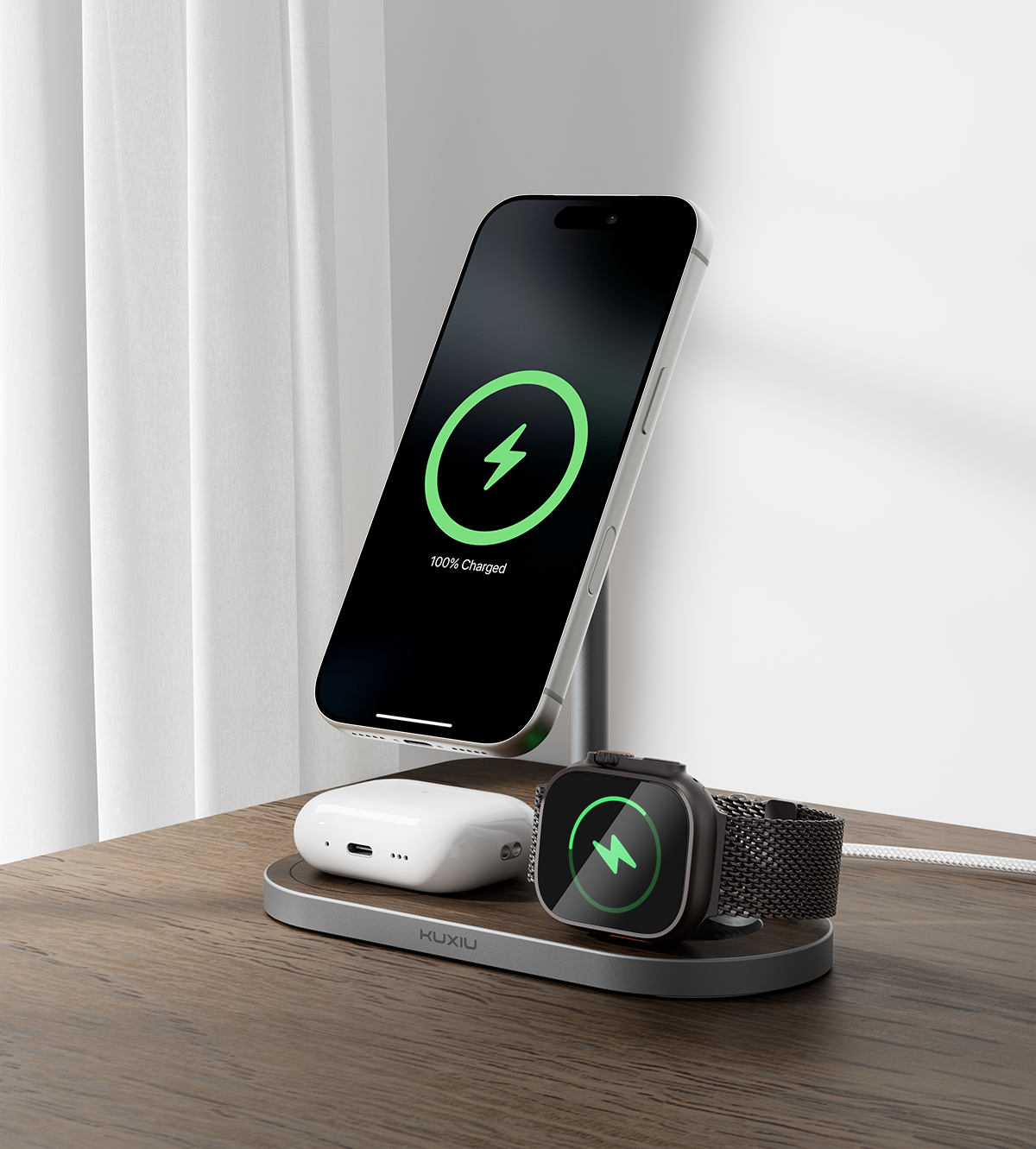 KUXIU X23 Pro 4-in-1 MagSafe デュアルコア急速充電スタンド - 木目調