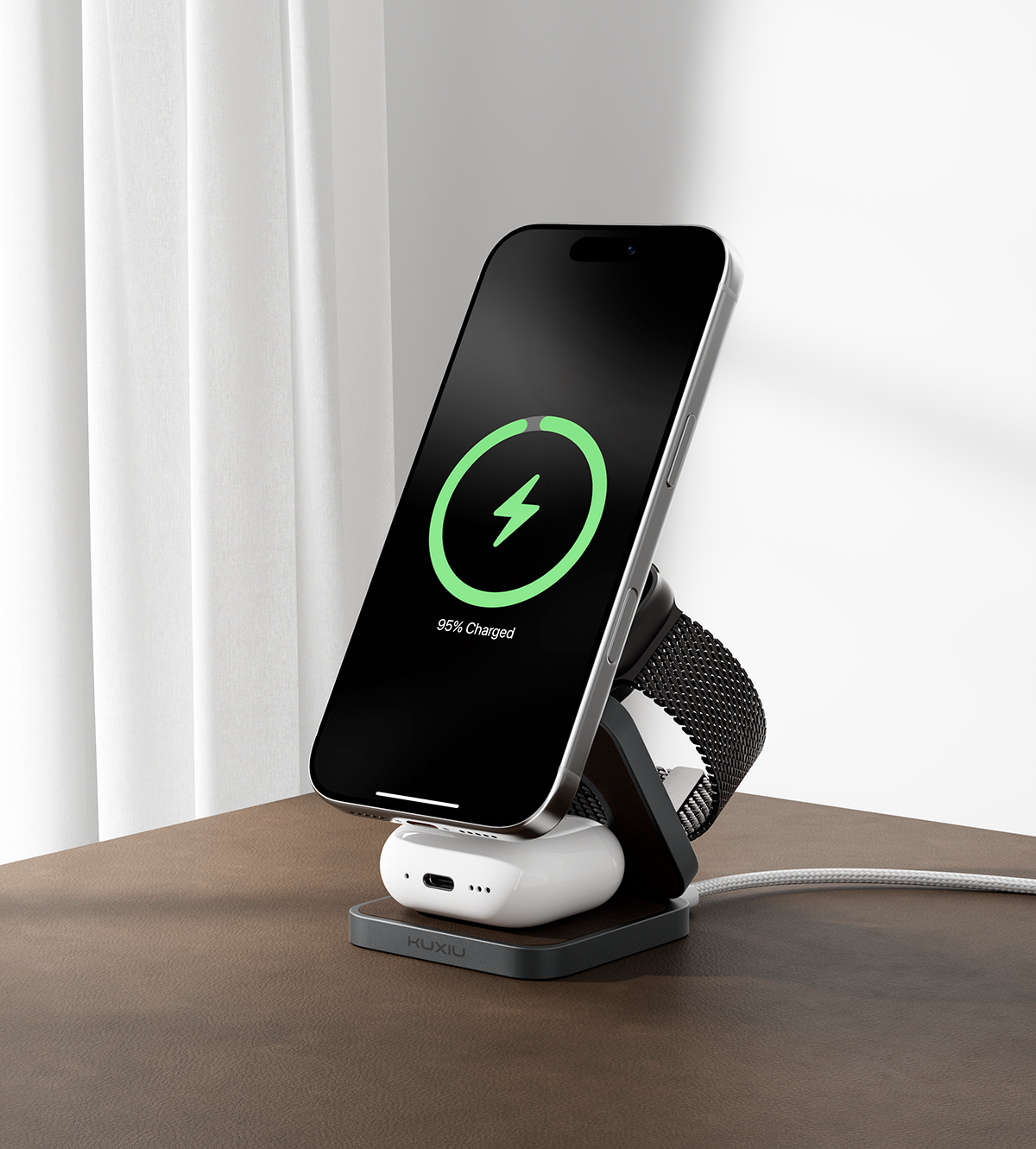 KUXIU X40 Pro 3合1 MagSafe 可折疊充電支架 - 皮革版