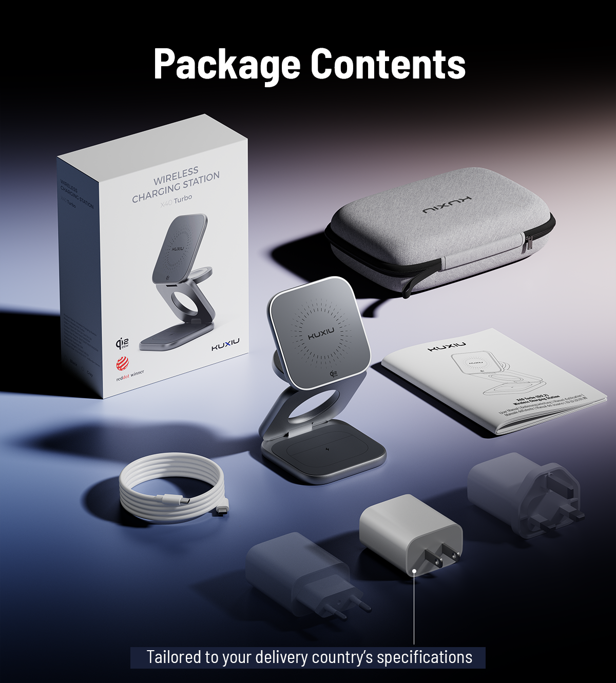 KUXIU X40 Turbo Base de carga inalámbrica plegable 3 en 1 MagSafe de 25W, certificada Qi2.2 - Gris