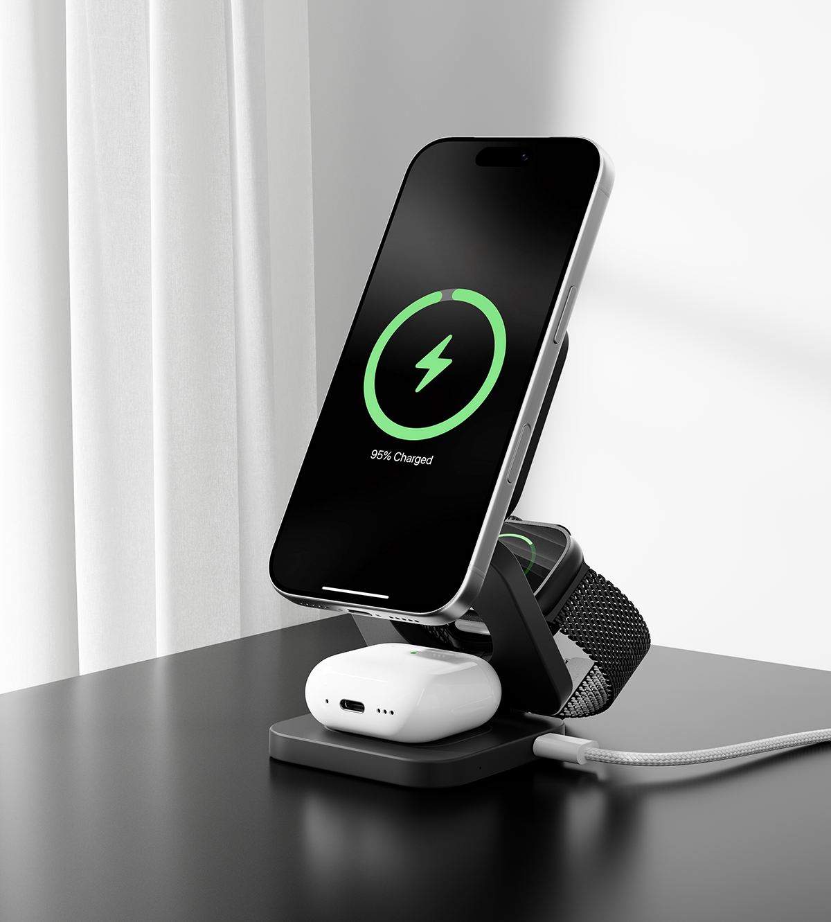 KUXIU X55 3-In-1 Foldable Magnetic Wireless Charging Station - Black
