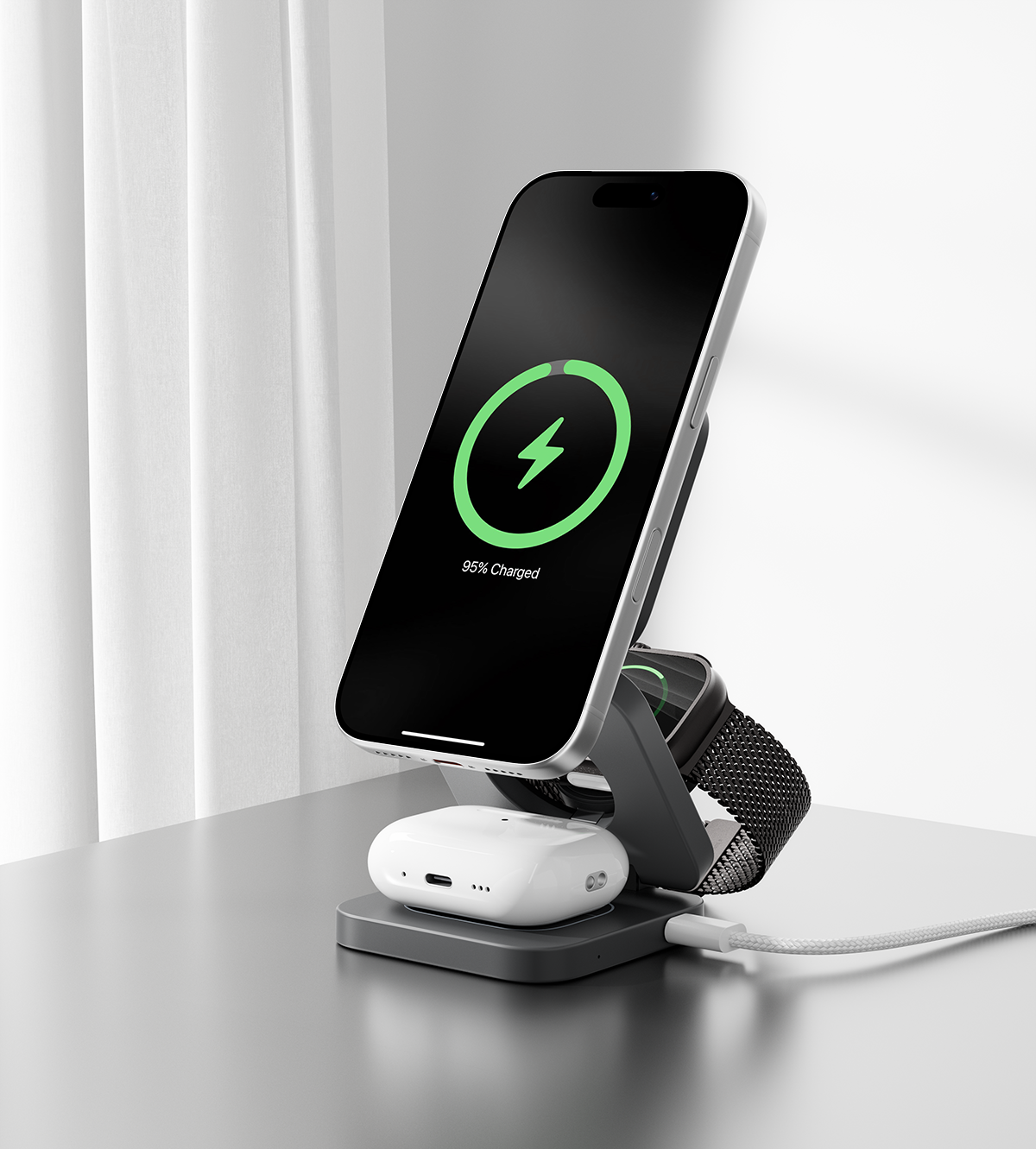 KUXIU X55 3-In-1 Foldable Magnetic Wireless Charging Station - Gray