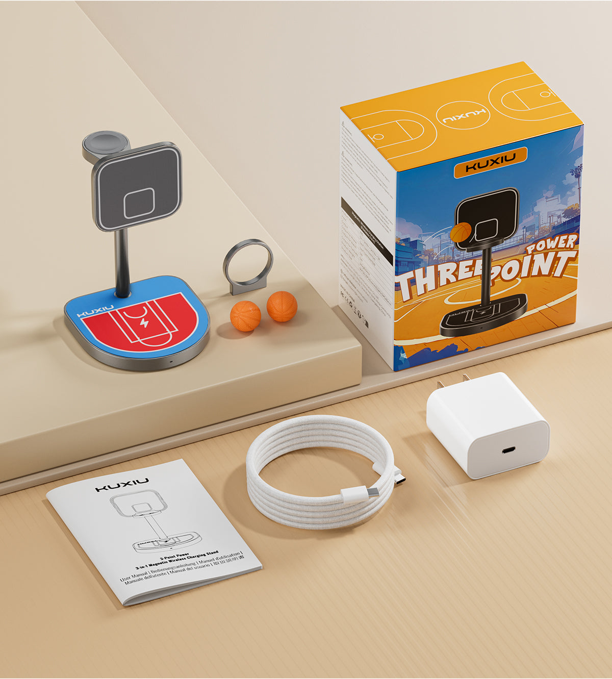 KUXIU 3-Point Power Kreativer 3-in-1 MagSafe-Ladeständer – Rot & Blau