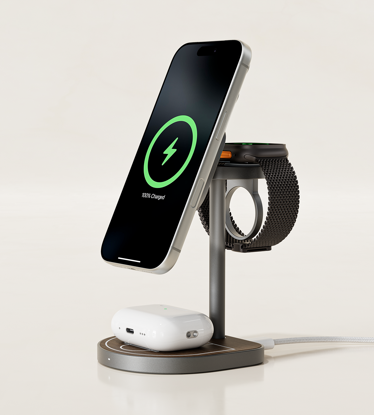 Supporto di Ricarica Wireless Magnetico 3-in-1 Creativo KUXIU Qi2 a 3 Punti - Finitura in Legno