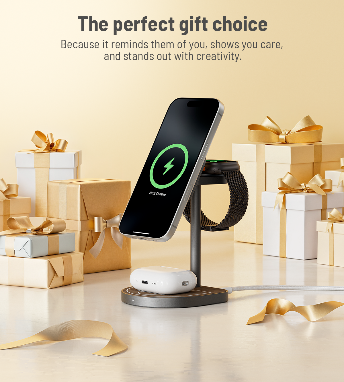 Supporto di Ricarica Wireless Magnetico 3-in-1 Creativo KUXIU Qi2 a 3 Punti - Finitura in Legno