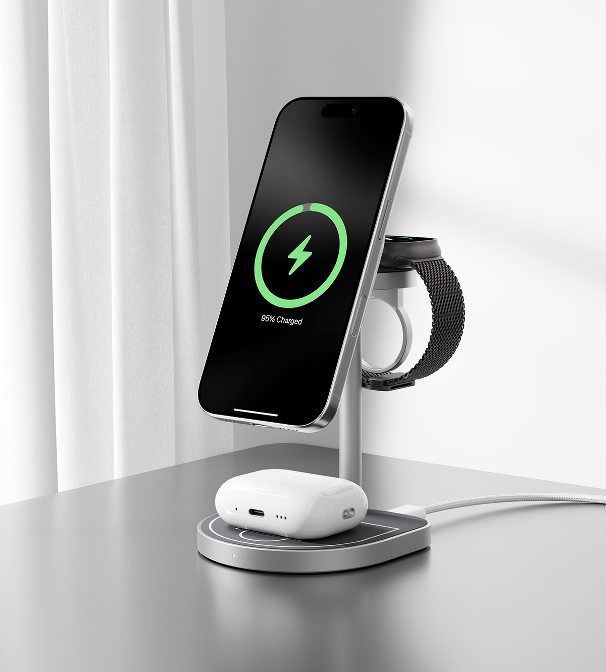KUXIU 3-Point Power クリエイティブな3-in-1 MagSafe充電スタンド - 灰色 KUXIU 3-Point Power クリエイティブな3-in-1 MagSafe充電スタンド - 灰色