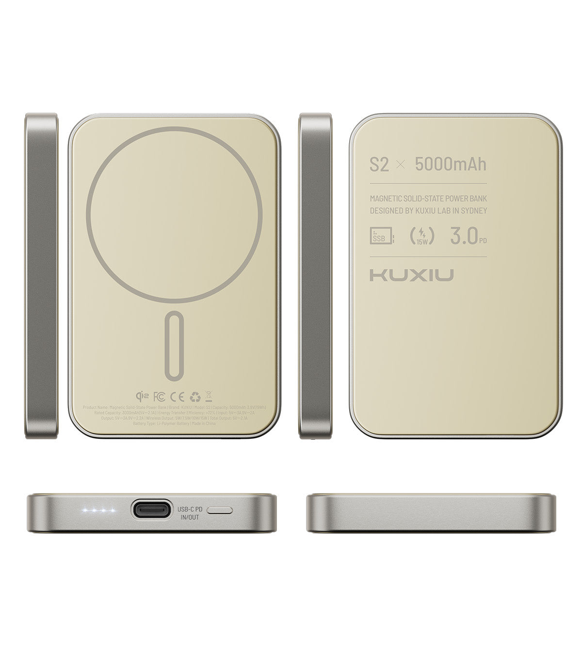 KUXIU S2 Qi2 5000mAh MagSafe Solid-State Power Bank - Natural titanium