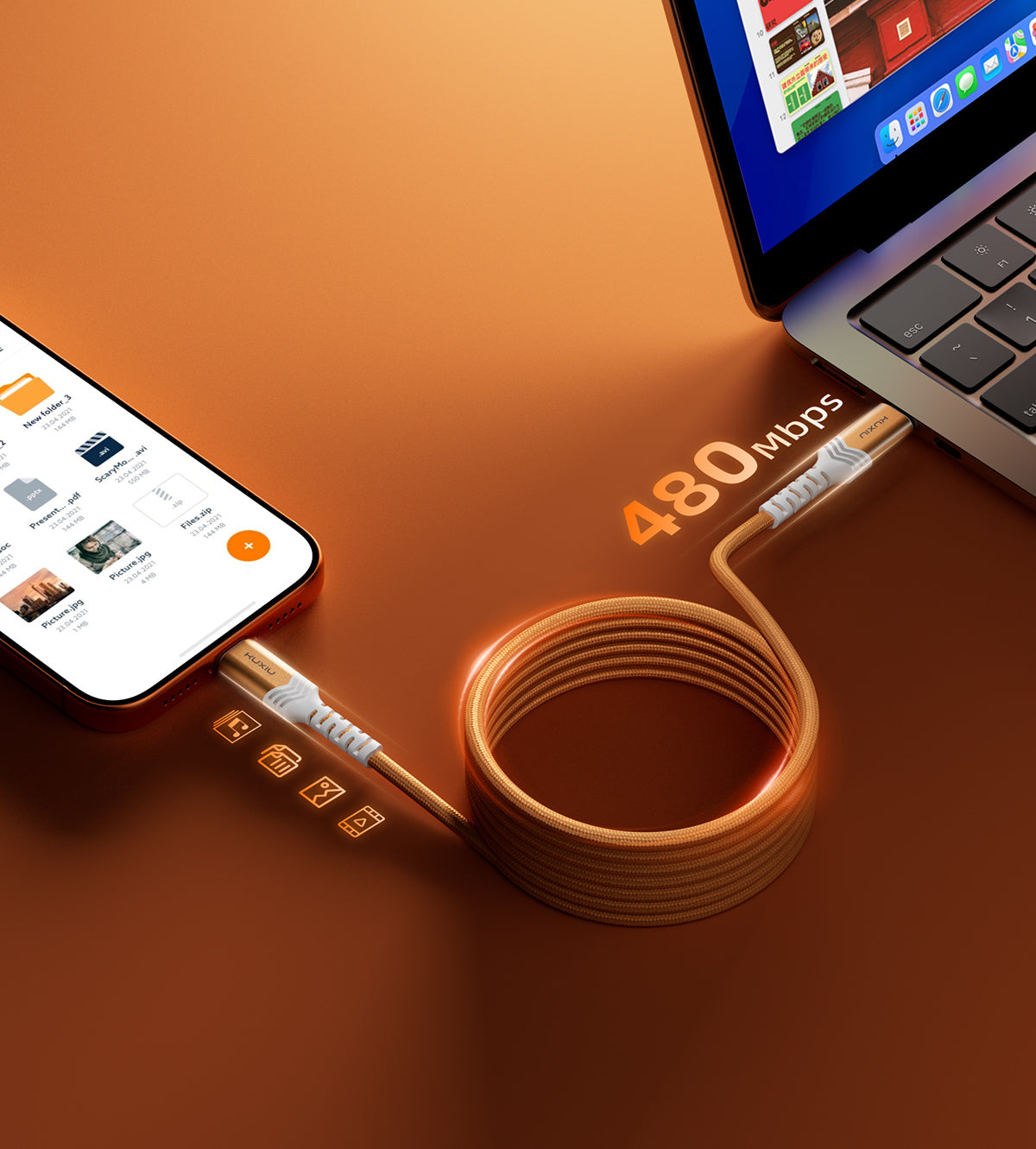 KUXIU 240W 磁吸自動捲線充電線（USB-C 轉 USB-C）- 宇宙橘