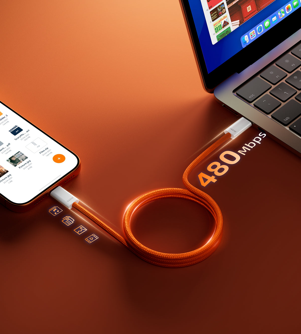 KUXIU 240W 마그네틱 자동 감김 케이블 (USB-C to USB-C) - 코스믹 오렌지