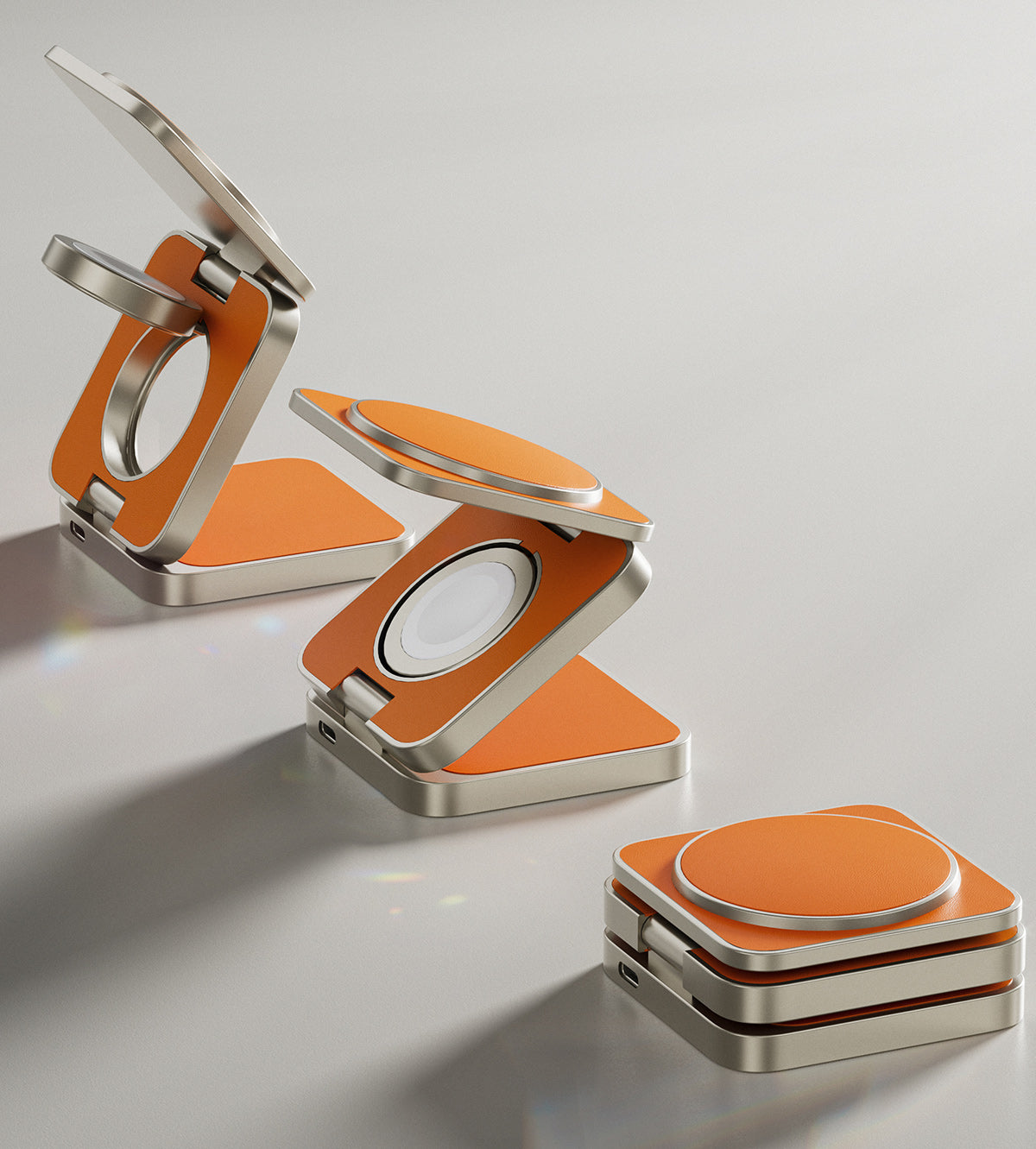 KUXIU X40 Pro 三合一可折疊磁性無線充電器和支架套件 - 橙色皮革