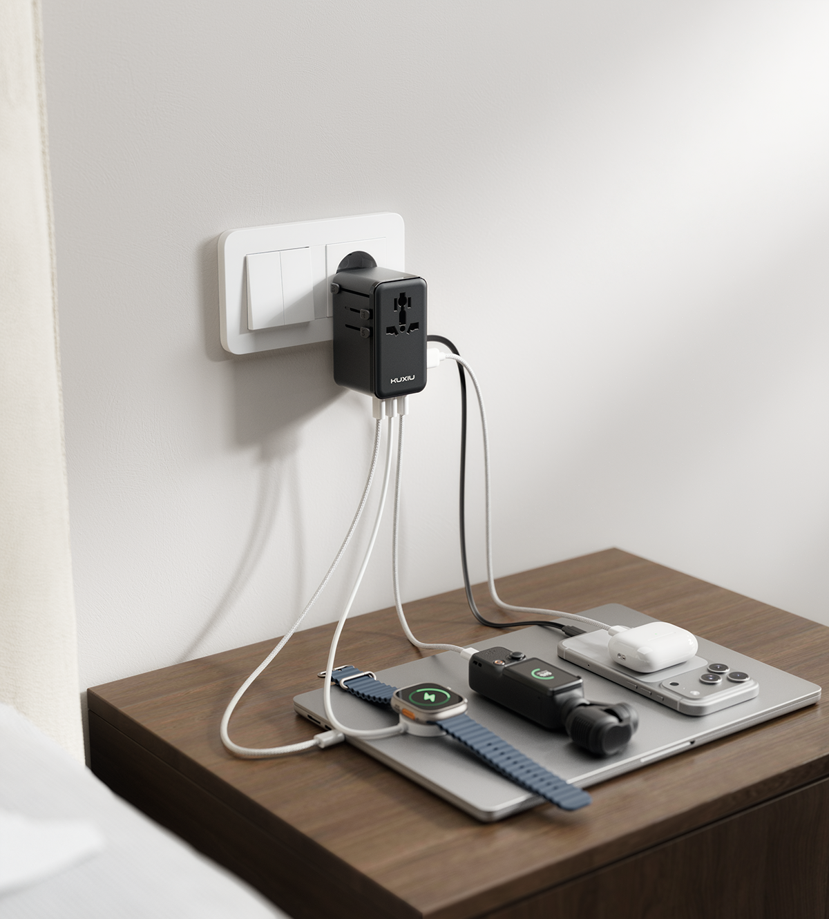 KUXIU 100W Universal Travel Adapter with Built-in Retractable Cable