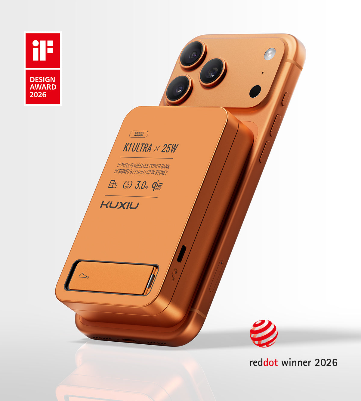 KUXIU K1 Ultra 10000mAh 25W Fast Charging 3-in-1 MagSafe Wireless Power Bank - Cosmic Orange