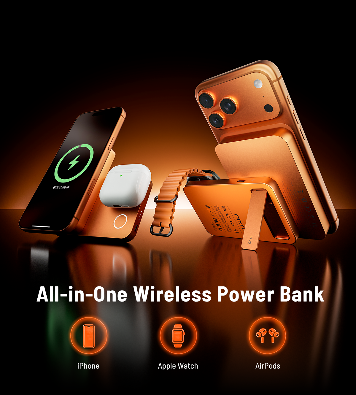 KUXIU K1 Ultra Qi2.2 25W Fast Charging 3-in-1 MagSafe Wireless Power Bank - Cosmic Orange