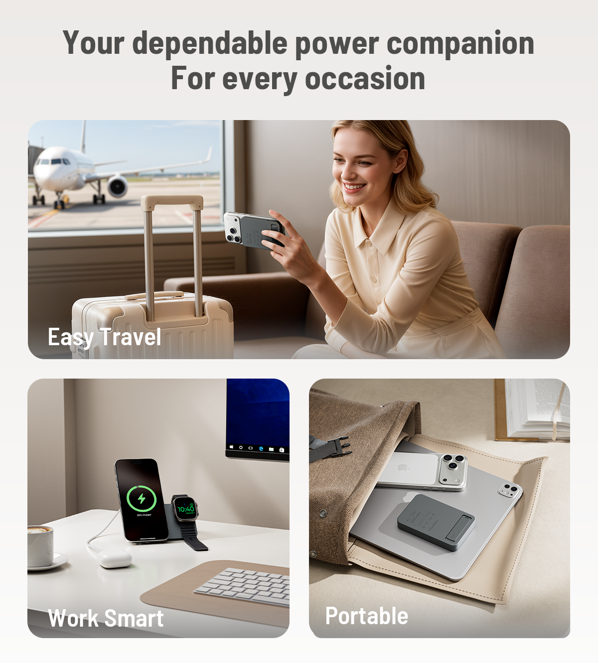 KUXIU K2 Qi2 15W Fast Charging 3-in-1 MagSafe Power Bank - Gray