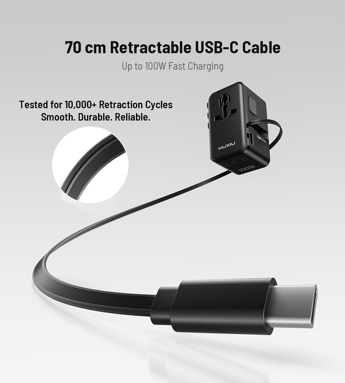 KUXIU 100W Universal Travel Adapter with Built-in Retractable Cable