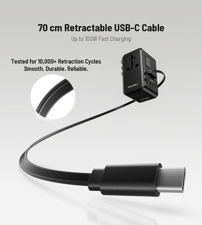 KUXIU 100W Universal Travel Adapter with Built-in Retractable Cable