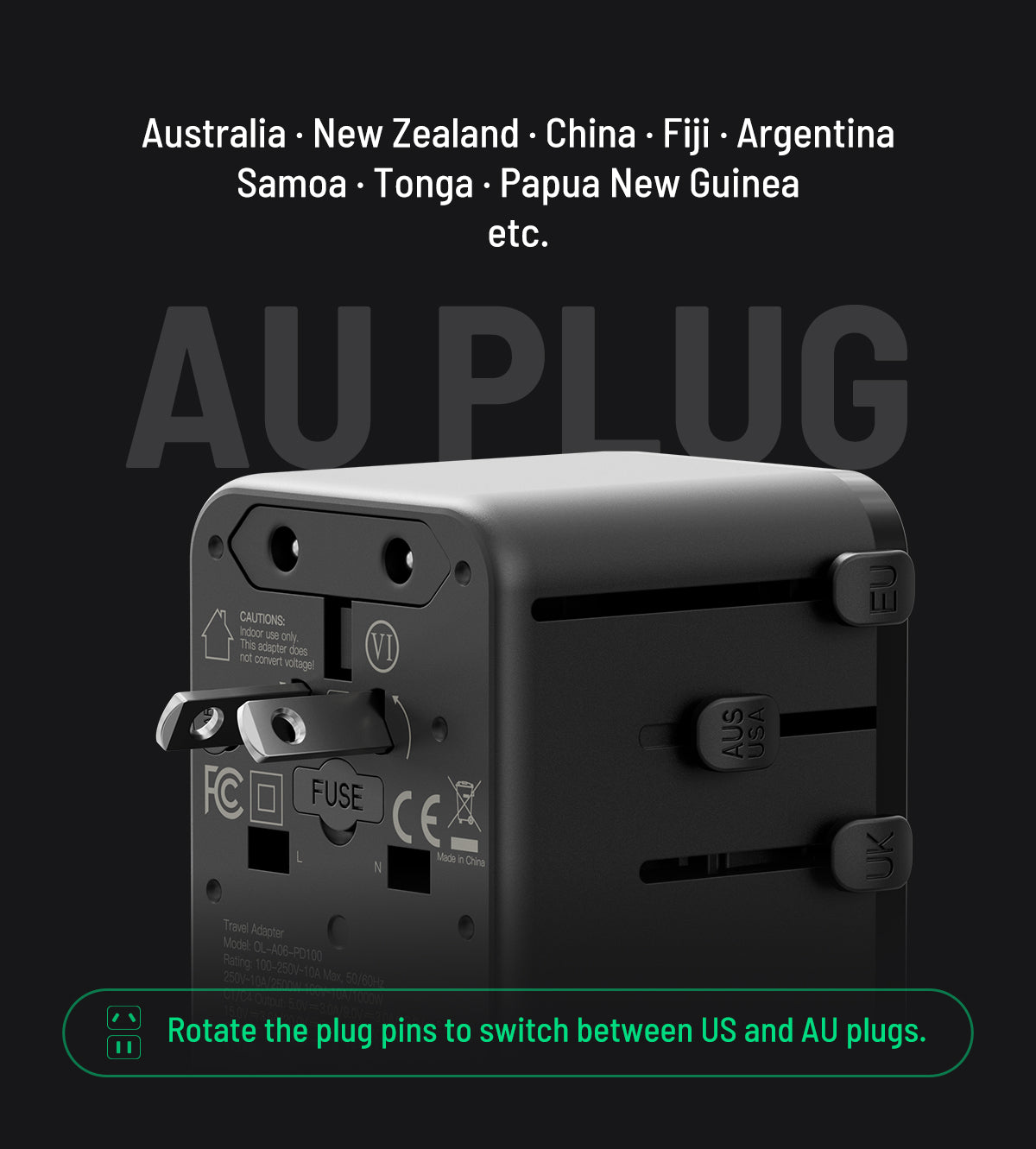 KUXIU 100W Universal Travel Adapter with Built-in Retractable Cable