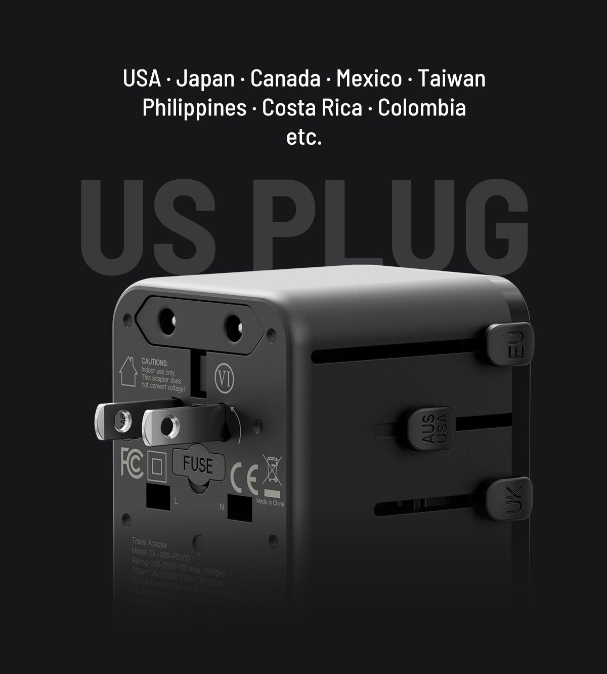 KUXIU 100W Universal Travel Adapter with Built-in Retractable Cable