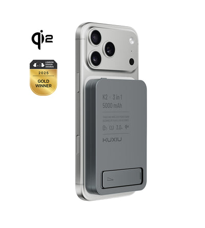 KUXIU K2 Qi2 15W急速充電対応 3-in-1 MagSafeモバイルバッテリー - グレー