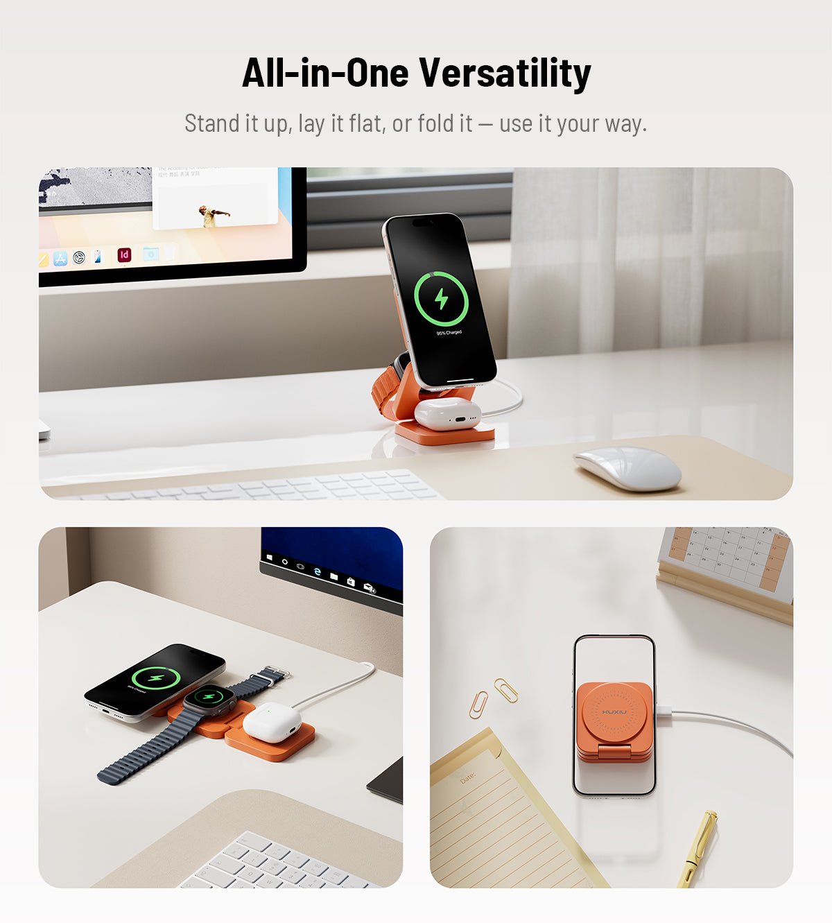 KUXIU Penyangga Pengecas Tanpa Wayar Lipat 3-dalam-1 MagSafe Bersertifikat Qi2.2 Turbo X55 25W - Jingga