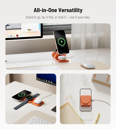 KUXIU Penyangga Pengecas Tanpa Wayar Lipat 3-dalam-1 MagSafe Bersertifikat Qi2.2 Turbo X55 25W - Jingga