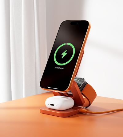 KUXIU Penyangga Pengecas Tanpa Wayar Lipat 3-dalam-1 MagSafe Bersertifikat Qi2.2 Turbo X55 25W - Jingga