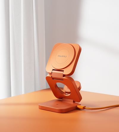 KUXIU Penyangga Pengecas Tanpa Wayar Lipat 3-dalam-1 MagSafe Bersertifikat Qi2.2 Turbo X55 25W - Jingga