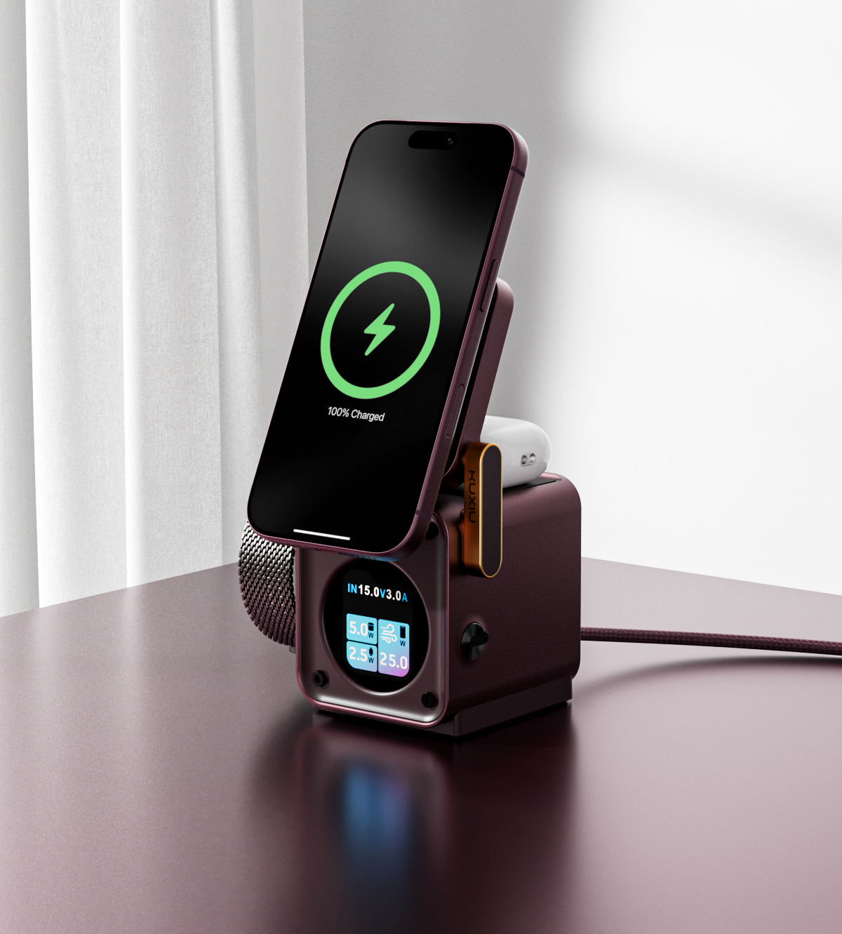 KUXIU D5 Qi2.2 25W 3-in-1 Wireless Charging Station - Burgundy